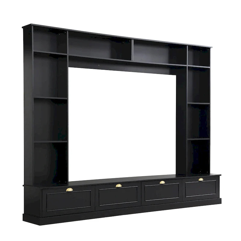 104.2 Wall Unit with TV Stand, Bookshelves, and Cabinets – Black