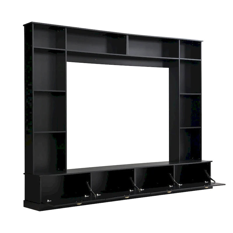 104.2 Wall Unit with TV Stand, Bookshelves, and Cabinets – Black