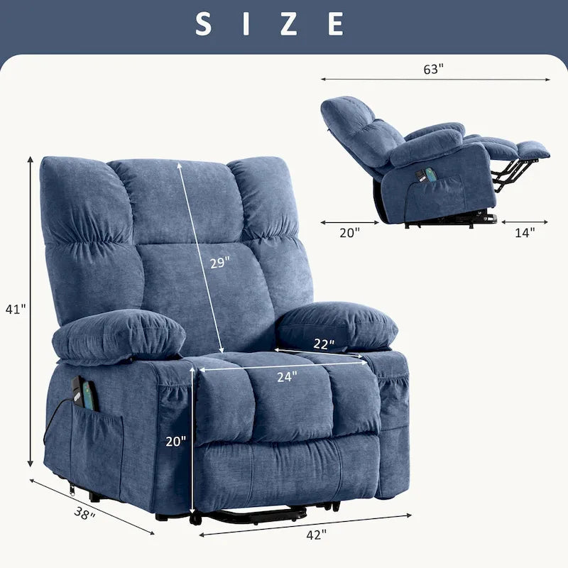 Power Lift Recliner with Heat, Massage, USB Charging – Blue