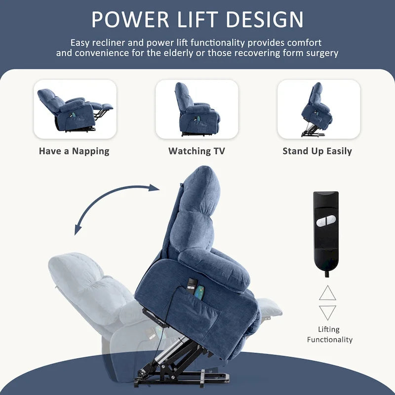 Power Lift Recliner with Heat, Massage, USB Charging – Blue
