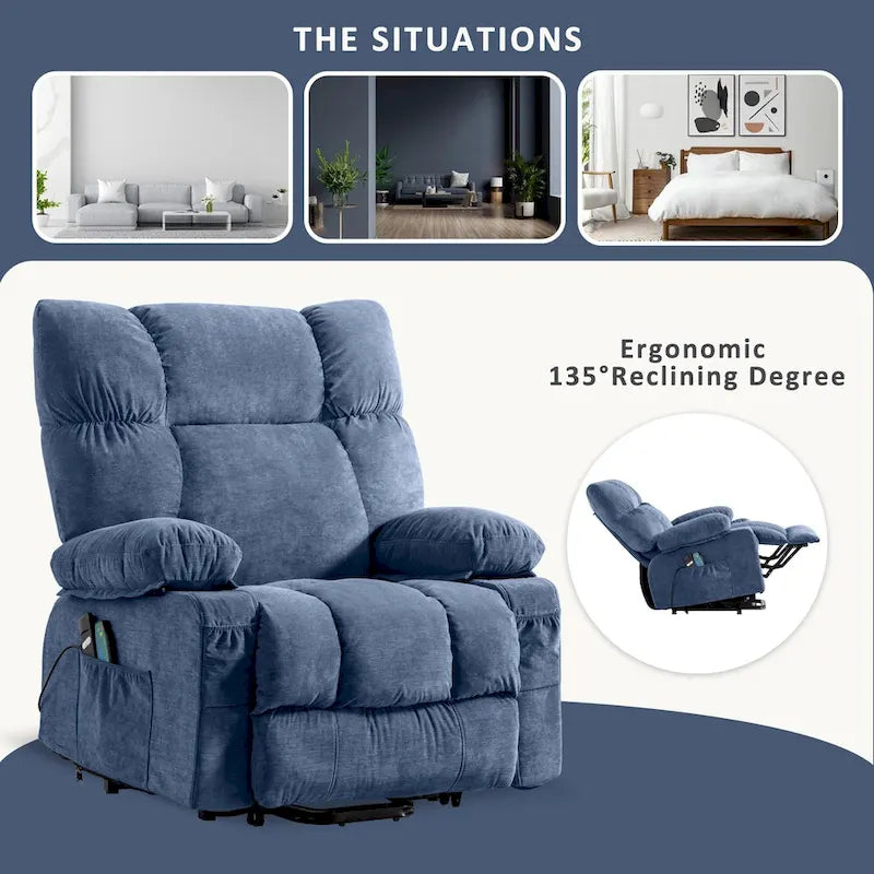 Power Lift Recliner with Heat, Massage, USB Charging – Blue