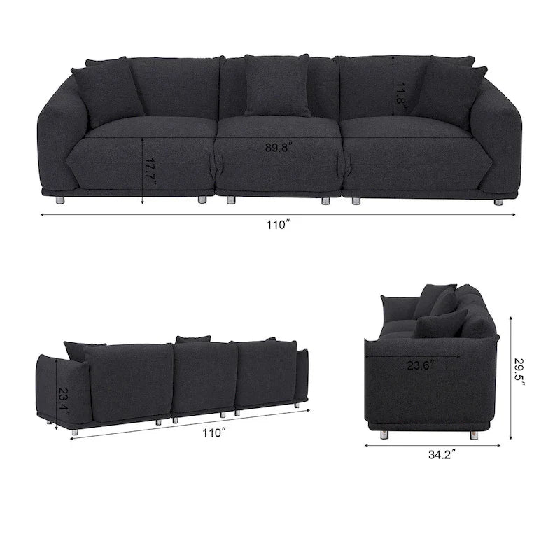111 Oversized 3-Seater Sofa with Metal Legs – Black Sherpa