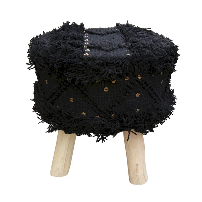 Boho Fabric Stool with Eucalyptus Wood Base