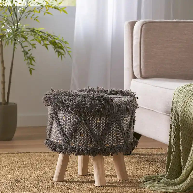 Boho Fabric Stool with Eucalyptus Wood Base