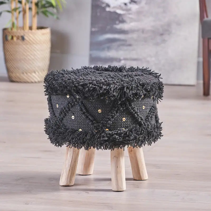 Boho Fabric Stool with Eucalyptus Wood Base