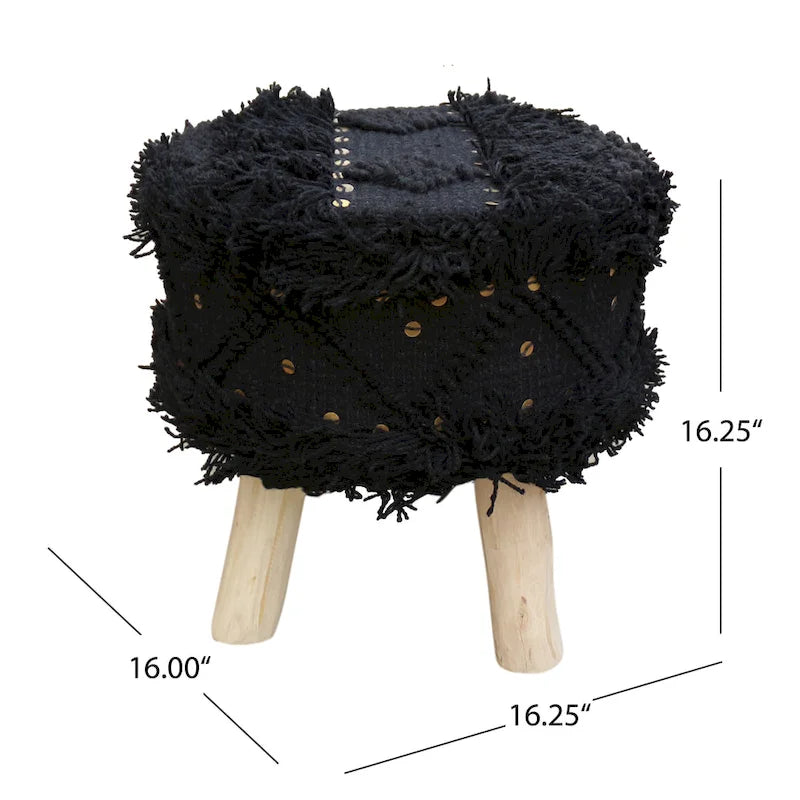 Boho Fabric Stool with Eucalyptus Wood Base