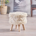 Boho Fabric Stool with Eucalyptus Wood Base