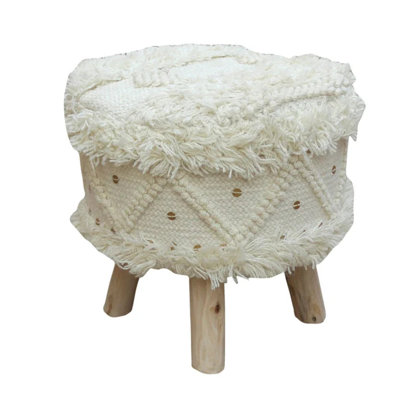Boho Fabric Stool with Eucalyptus Wood Base