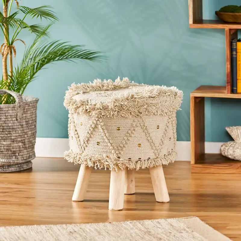 Boho Fabric Stool with Eucalyptus Wood Base
