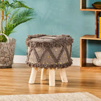 Boho Fabric Stool with Eucalyptus Wood Base