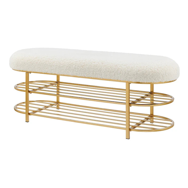 Faux Shearling Upholstered Bench with 2-Shelf Storage