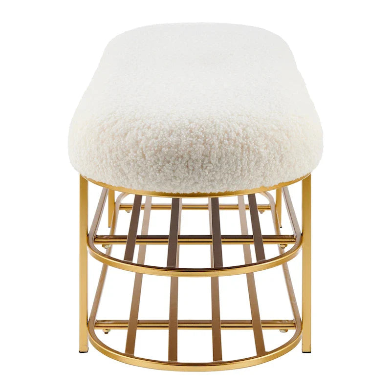 Faux Shearling Upholstered Bench with 2-Shelf Storage