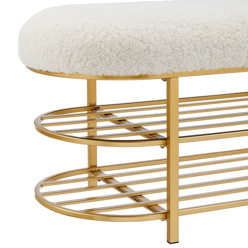 Faux Shearling Upholstered Bench with 2-Shelf Storage