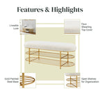 Faux Shearling Upholstered Bench with 2-Shelf Storage