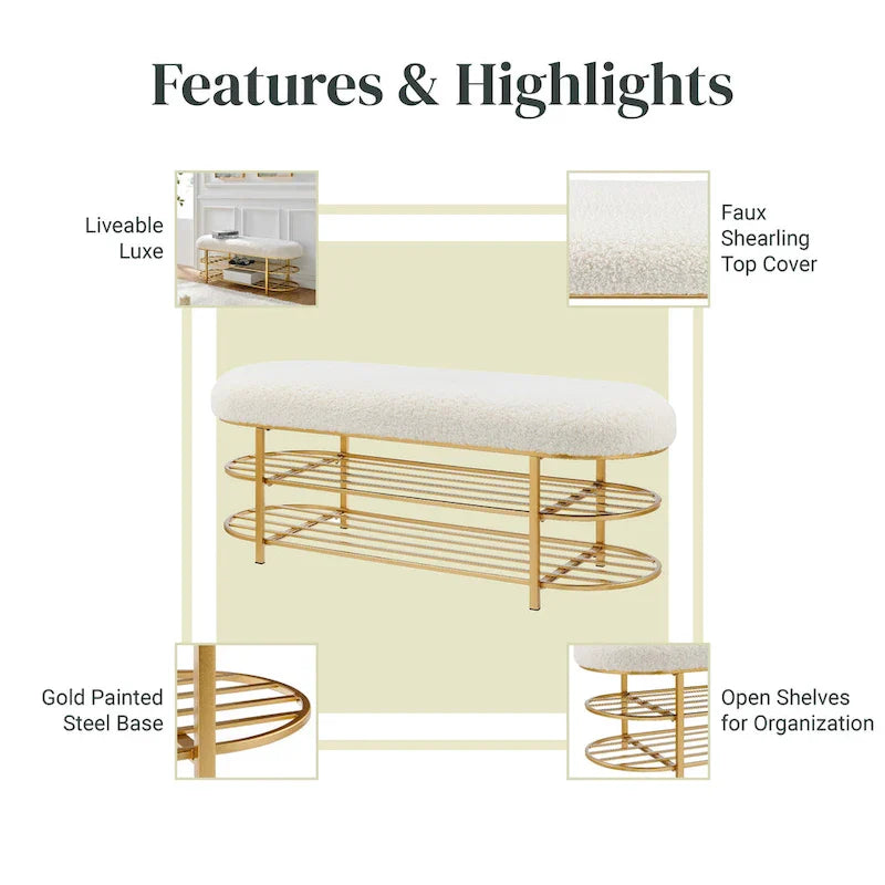 Faux Shearling Upholstered Bench with 2-Shelf Storage