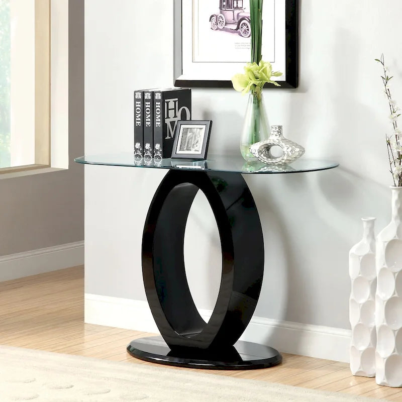 Modern 47-Inch Sofa Table with O-Shaped Base and Tempered Glass Top