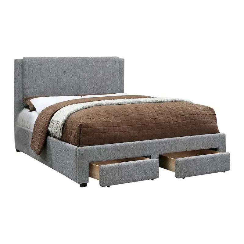 King Storage Bed with 2-Drawer Footboard – Gray Polyester Upholstery