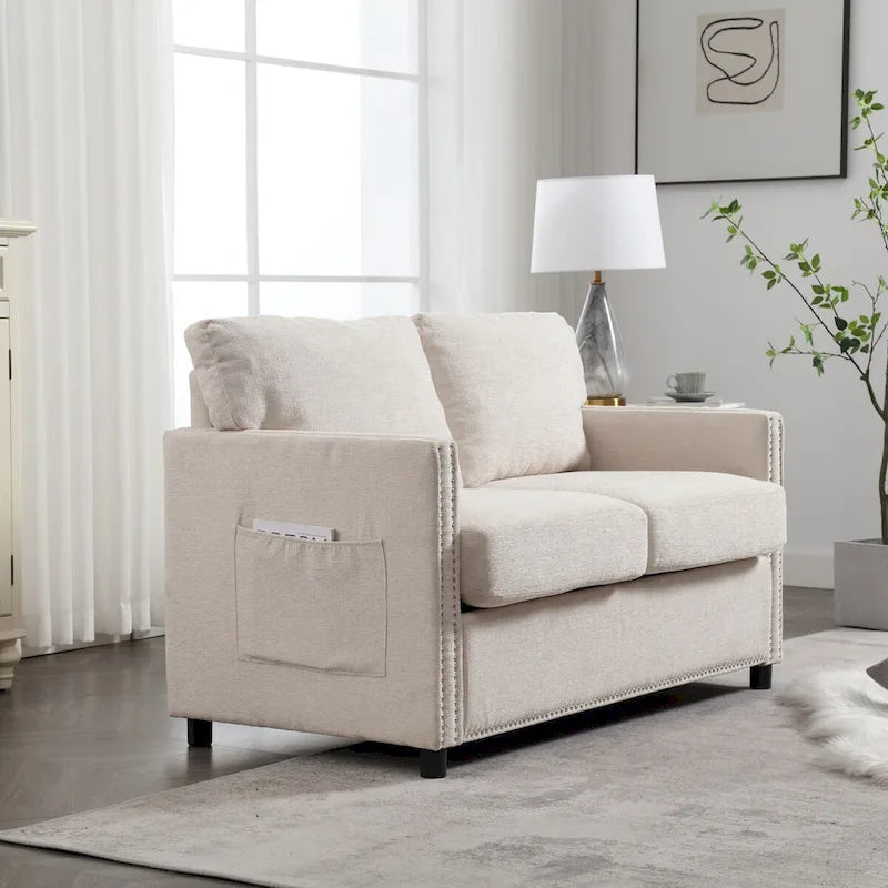 2-Seat Chenille Fabric Loveseat with Side Storage Pockets