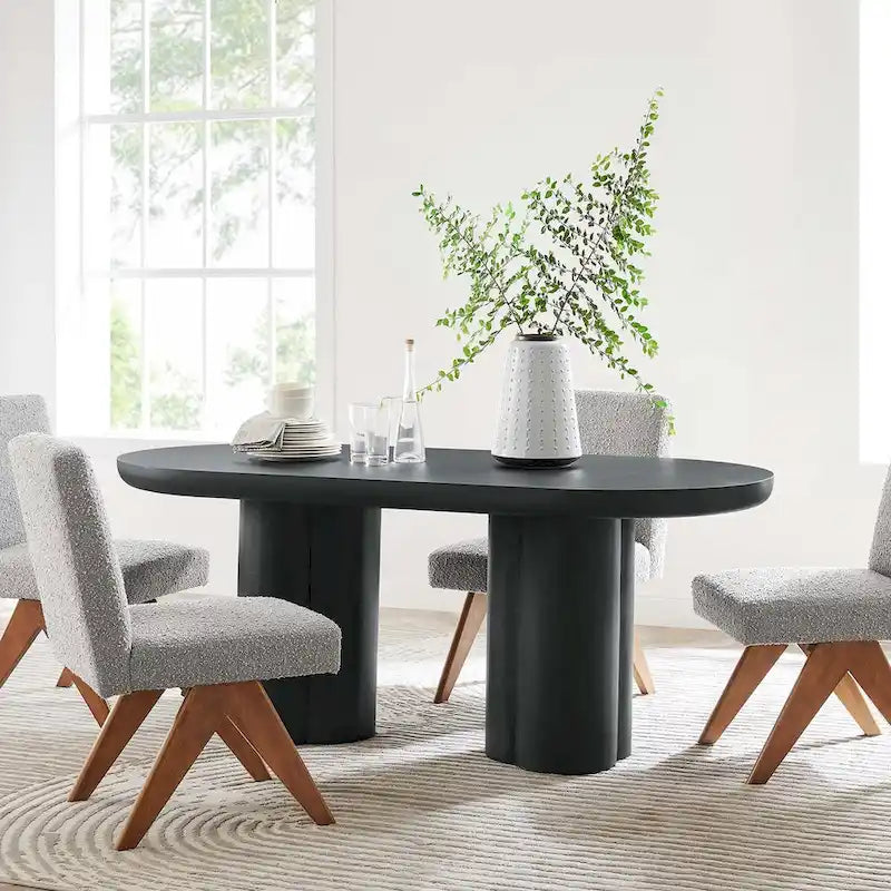72 Oval Dining Table with Concrete-Effect Finish and Double Pedestal Base