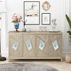 4-Door Storage Cabinet with Mirrored Doors and Solid Wood Legs