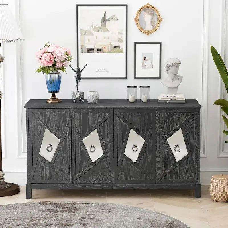 4-Door Storage Cabinet with Mirrored Doors and Solid Wood Legs