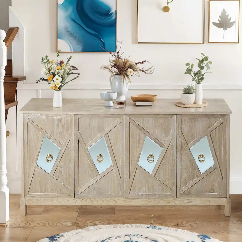 4-Door Storage Cabinet with Mirrored Doors and Solid Wood Legs