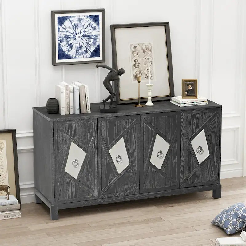 4-Door Storage Cabinet with Mirrored Doors and Solid Wood Legs