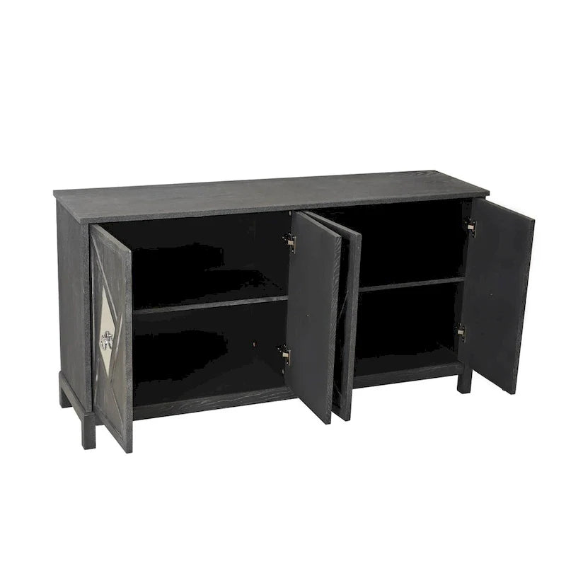 4-Door Storage Cabinet with Mirrored Doors and Solid Wood Legs
