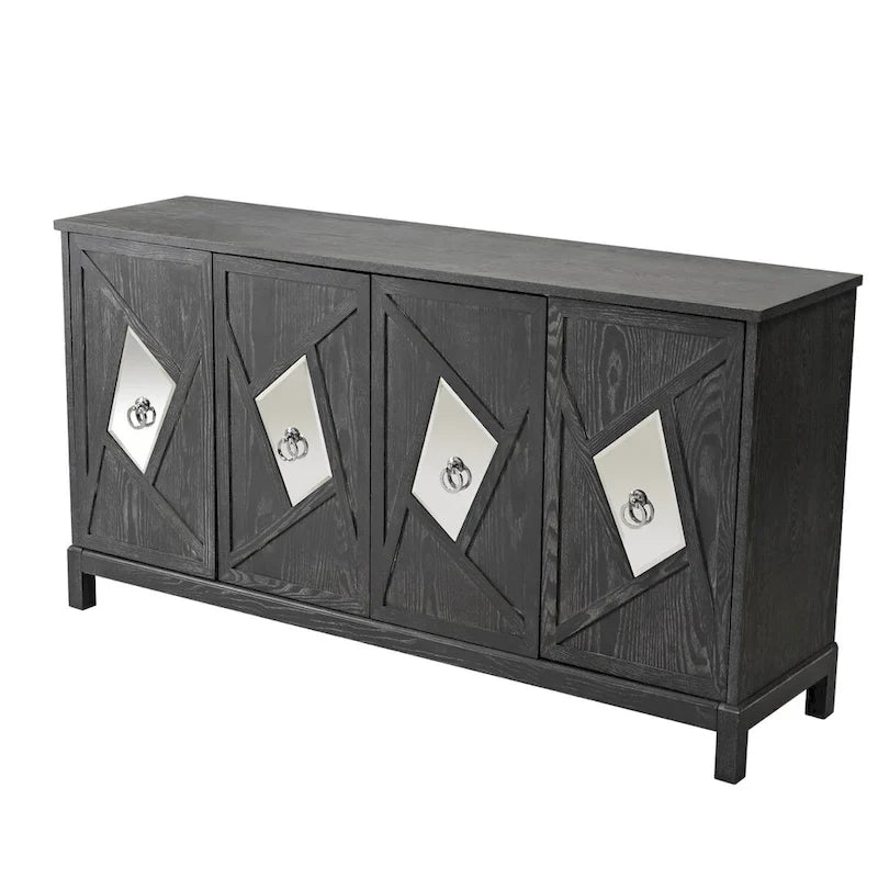 4-Door Storage Cabinet with Mirrored Doors and Solid Wood Legs