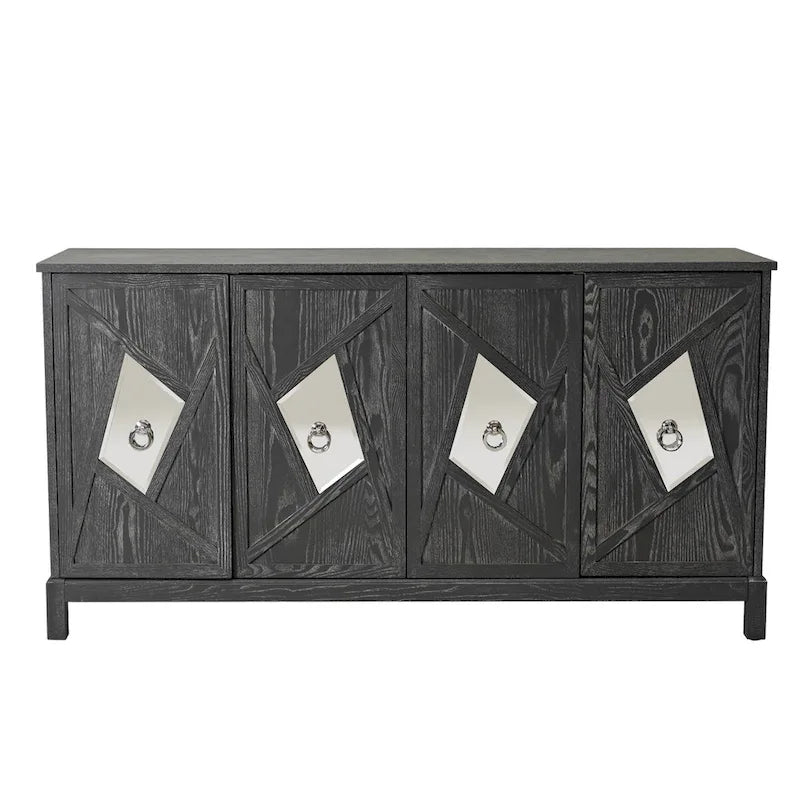 4-Door Storage Cabinet with Mirrored Doors and Solid Wood Legs