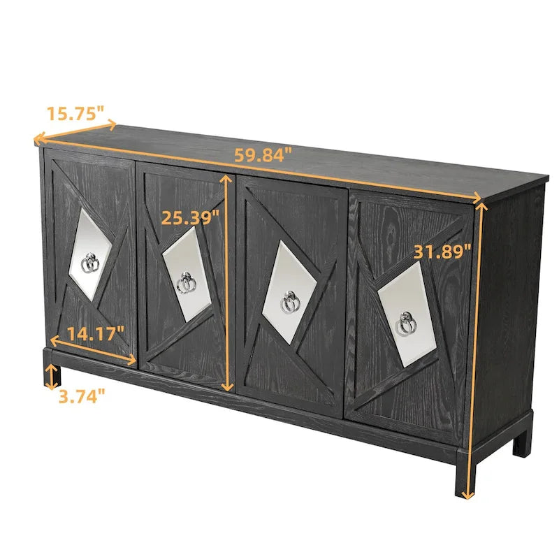 4-Door Storage Cabinet with Mirrored Doors and Solid Wood Legs