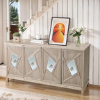 4-Door Storage Cabinet with Mirrored Doors and Solid Wood Legs