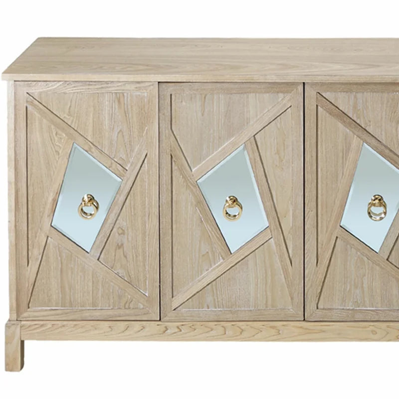 4-Door Storage Cabinet with Mirrored Doors and Solid Wood Legs
