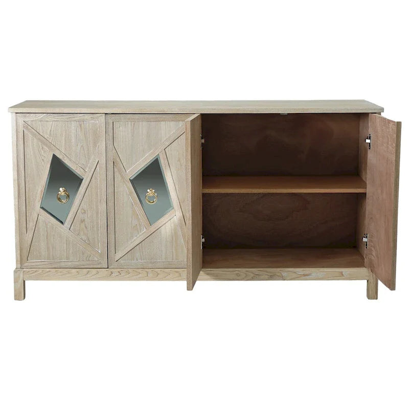 4-Door Storage Cabinet with Mirrored Doors and Solid Wood Legs