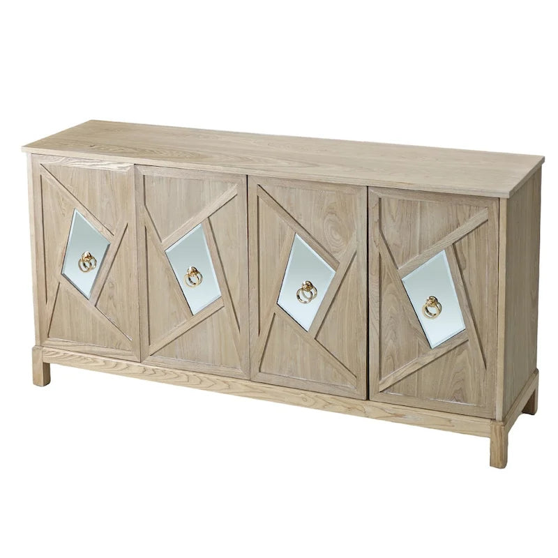 4-Door Storage Cabinet with Mirrored Doors and Solid Wood Legs