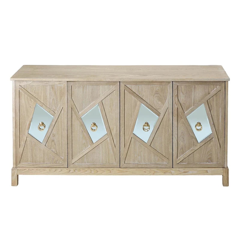 4-Door Storage Cabinet with Mirrored Doors and Solid Wood Legs