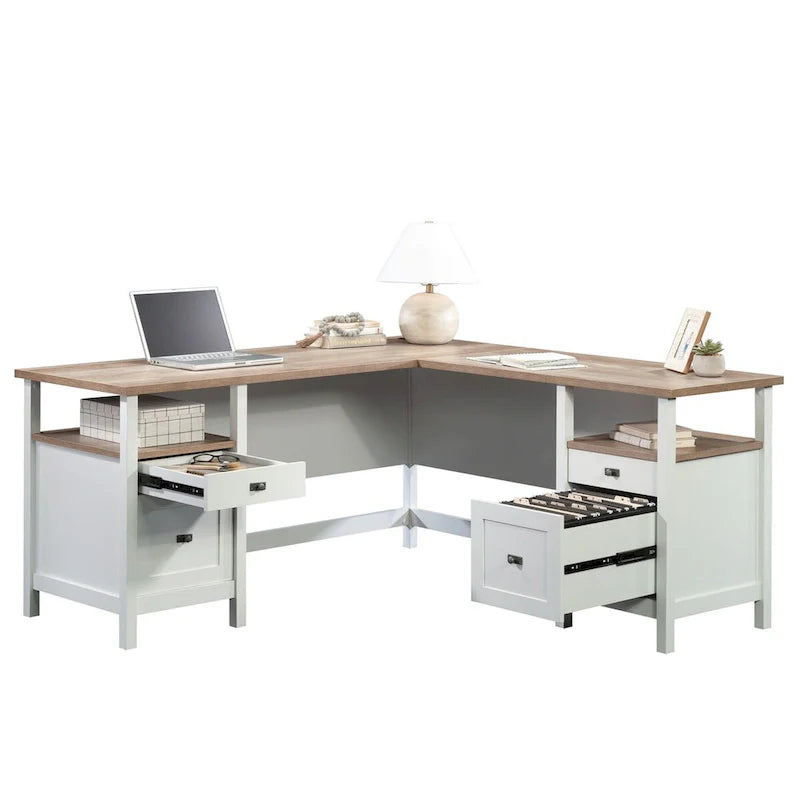 L-Shaped Desk with Drawers and Open Shelves - White