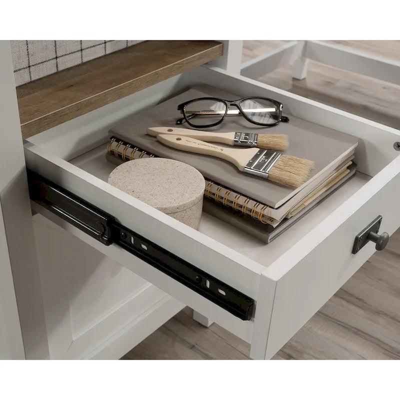 L-Shaped Desk with Drawers and Open Shelves - White