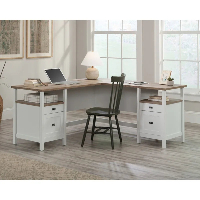 L-Shaped Desk with Drawers and Open Shelves - White