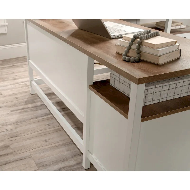 L-Shaped Desk with Drawers and Open Shelves - White