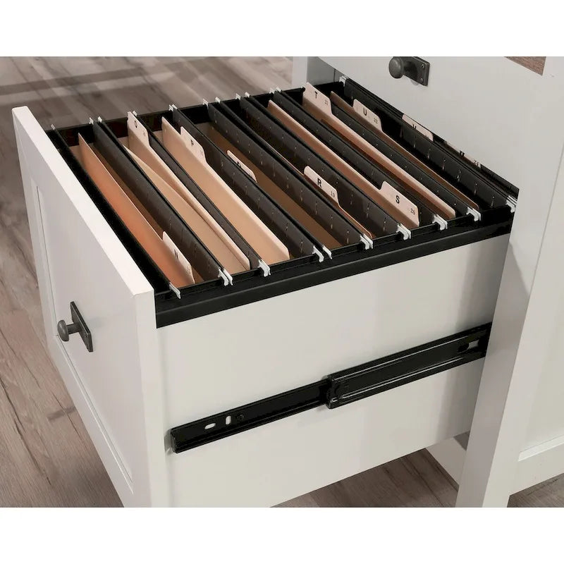 L-Shaped Desk with Drawers and Open Shelves - White