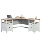 L-Shaped Desk with Drawers and Open Shelves - White