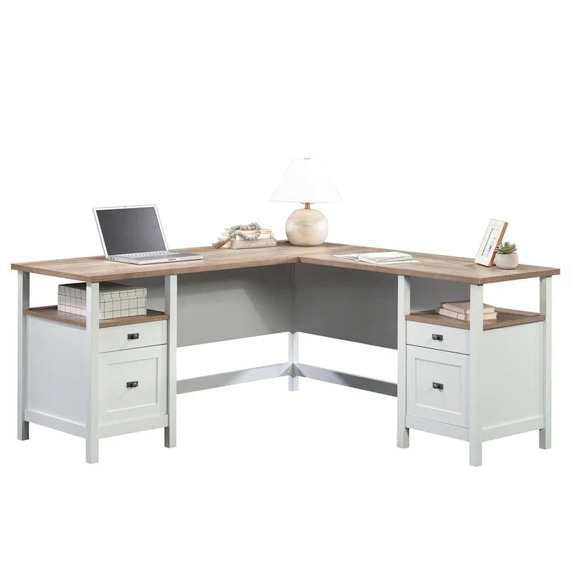 L-Shaped Desk with Drawers and Open Shelves - White