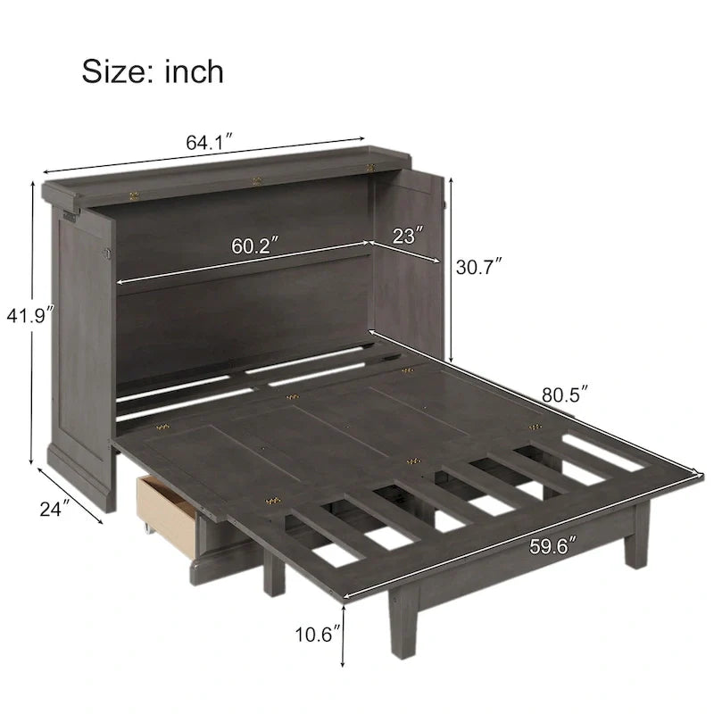 Queen Murphy Bed Cabinet in Solid Pine with USB Charging and Storage Drawer