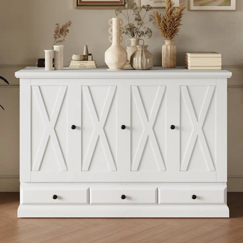 Queen Murphy Bed Cabinet in Solid Pine with USB Charging and Storage Drawer