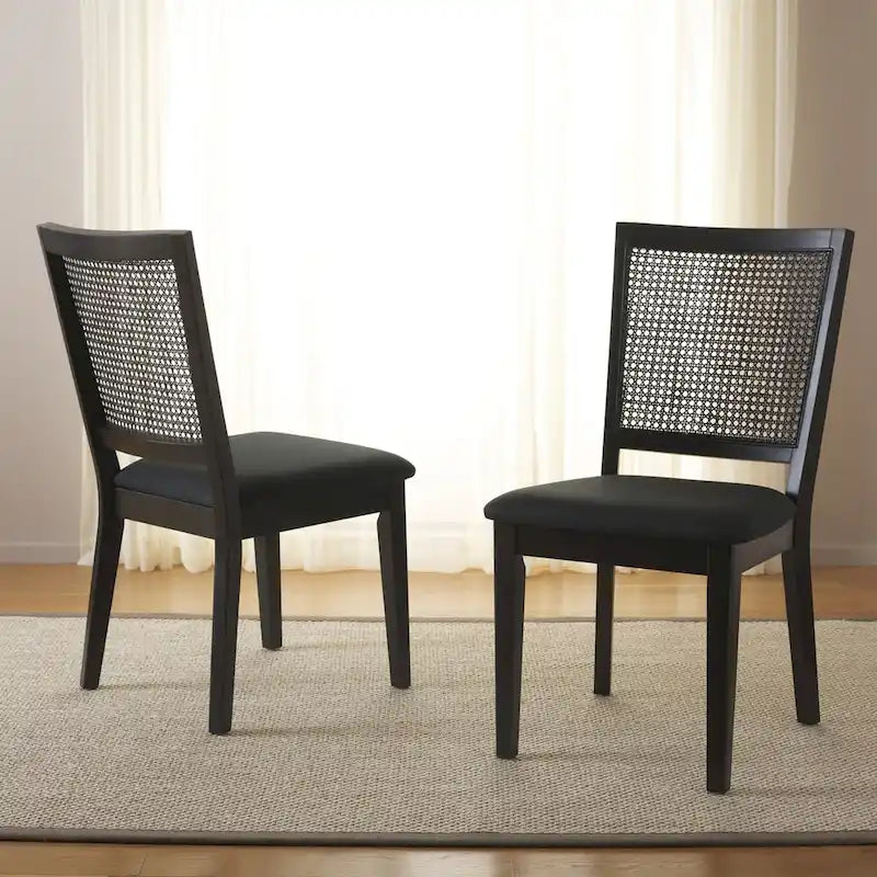 Dining Chair with Woven Rattan Back, Set of 2 – Black Frame