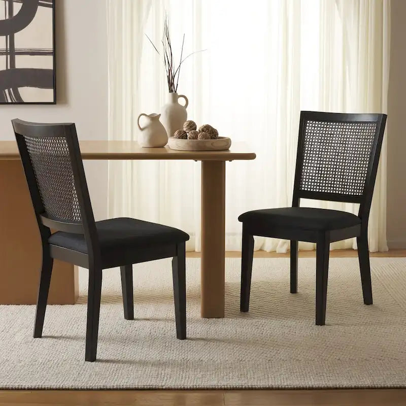 Dining Chair with Woven Rattan Back, Set of 2 – Black Frame